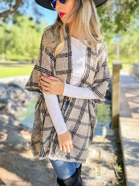 Ruana OATMEAL Plaid Knit Ruana Cardigan