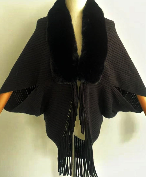 Shawl-BLACK Faux Fur Trim Wrap with Tassels