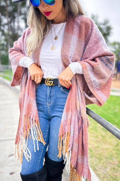 Ruana MAUVE Plaid Soft  Knit with Tassels