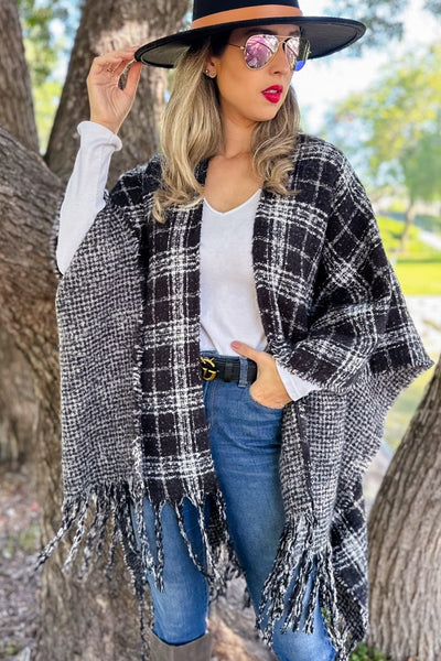 Ruana BLACK PLAID Printed Reversible Knit Cape Cardigan