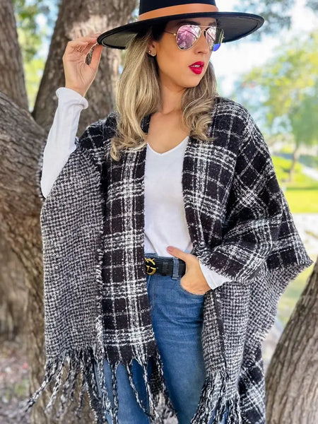 Ruana BLACK PLAID Printed Reversible Knit Cape Cardigan