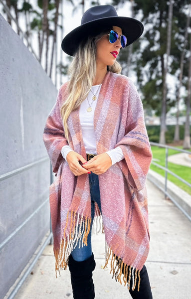 Ruana MAUVE Plaid Soft  Knit with Tassels