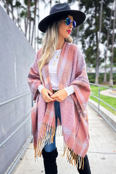 Ruana MAUVE Plaid Soft  Knit with Tassels