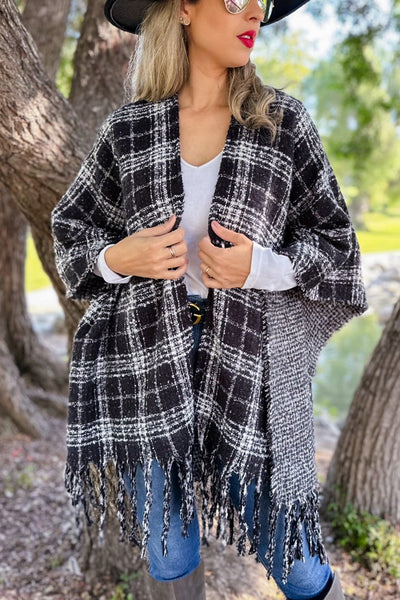 Ruana BLACK PLAID Printed Reversible Knit Cape Cardigan