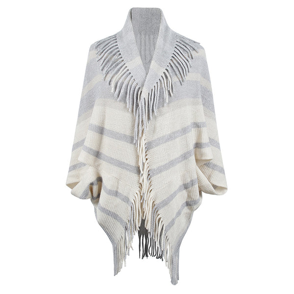 Cape-APRICOT Striped Knit Cape Coat with Fringe