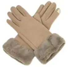 Gloves - BEIGE-Fur Cuffs, Touch Screen