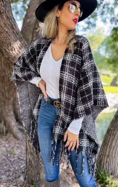 Ruana BLACK PLAID Printed Reversible Knit Cape Cardigan