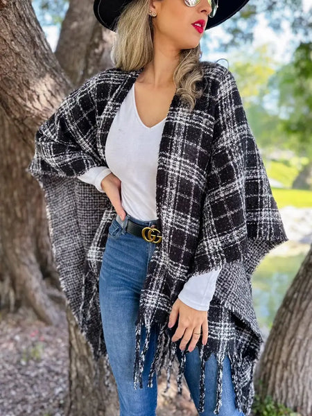 Ruana BLACK PLAID Printed Reversible Knit Cape Cardigan