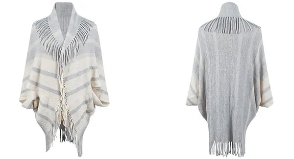 Cape-APRICOT Striped Knit Cape Coat with Fringe