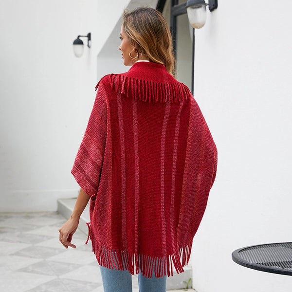 Cape-WINE Striped Knit Cape Coat with Fringe