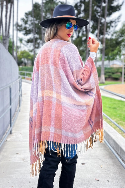 Ruana MAUVE Plaid Soft  Knit with Tassels