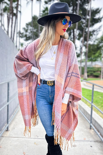 Ruana MAUVE Plaid Soft  Knit with Tassels