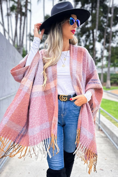 Ruana MAUVE Plaid Soft  Knit with Tassels