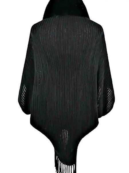 Shawl-BLACK Faux Fur Trim Wrap with Tassels