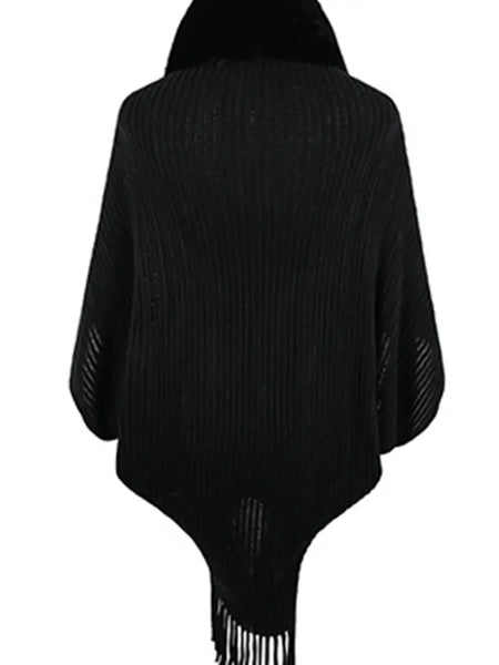 Shawl-BLACK Faux Fur Trim Wrap with Tassels