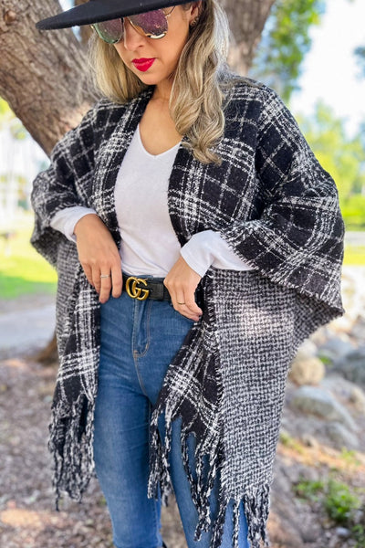 Ruana BLACK PLAID Printed Reversible Knit Cape Cardigan