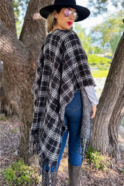Ruana BLACK PLAID Printed Reversible Knit Cape Cardigan