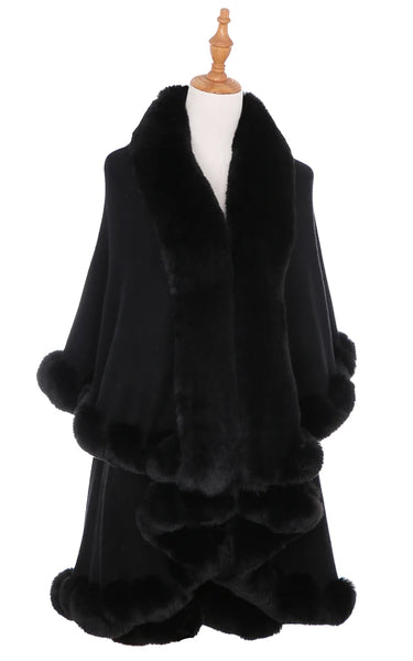 Cape-BLACK Double Fur Trim Cape/Shawl