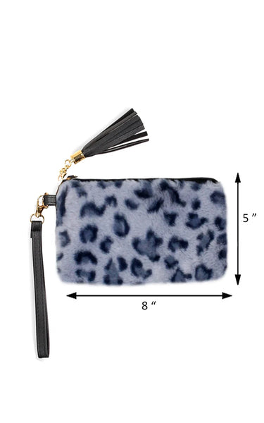 Wristlet-GREY Leopard Fur Clutch