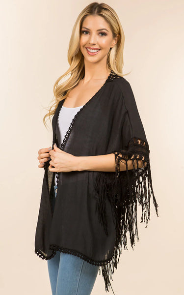 Kim-Long-BLACK Fringe Kimono Cover-Up Lacy Back Design