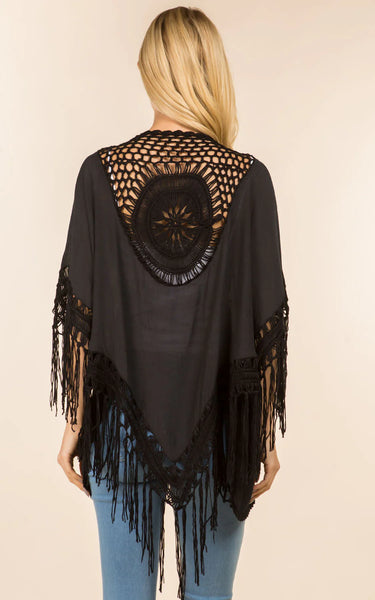 Kim-Long-BLACK Fringe Kimono Cover-Up Lacy Back Design