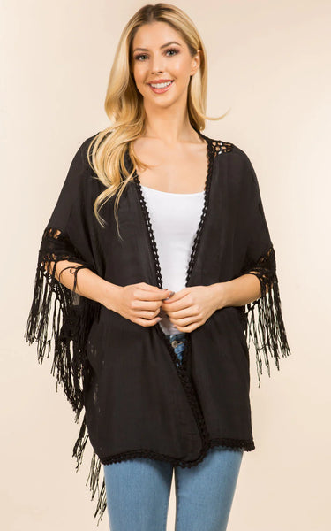 Kim-Long-BLACK Fringe Kimono Cover-Up Lacy Back Design