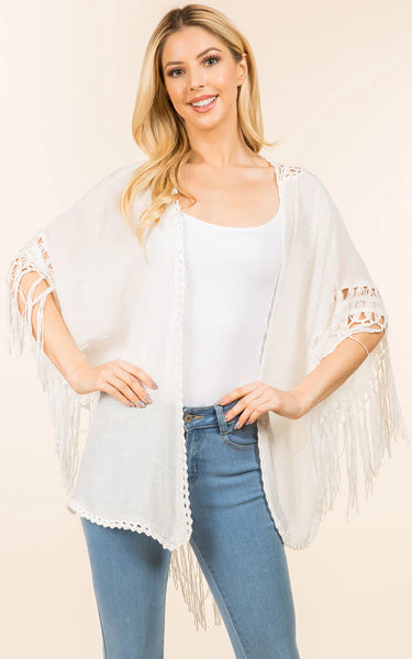 Kim-Long-WHITE Fringe Kimono Cover-Up Lacy Back Design