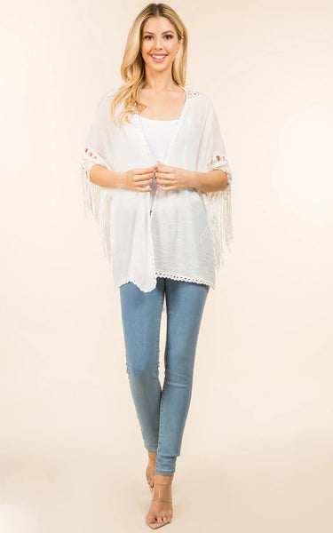 Kim-Long-WHITE Fringe Kimono Cover-Up Lacy Back Design