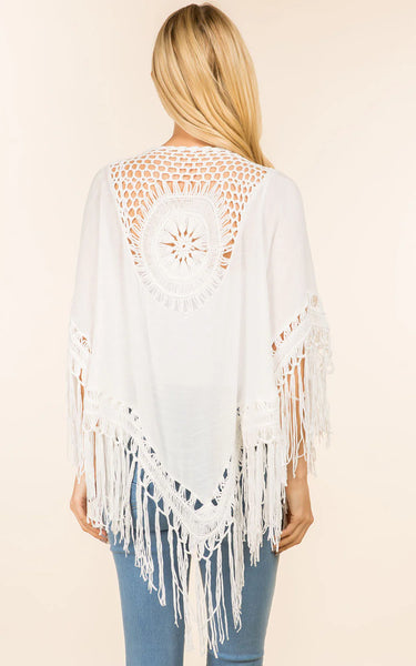 Kim-Long-WHITE Fringe Kimono Cover-Up Lacy Back Design