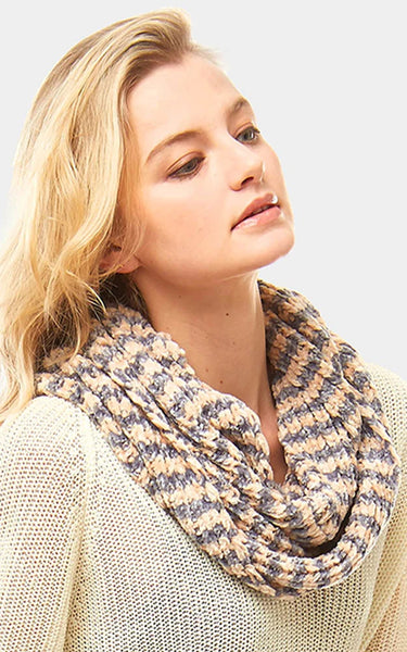 Neck Warmer-BEIGE/GREY Striped Chenille Infinity Scarf