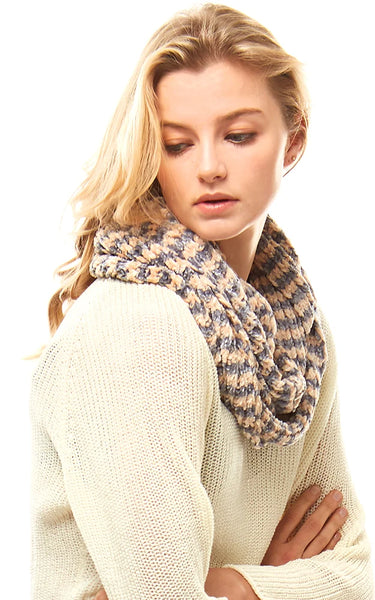 Neck Warmer-BEIGE/GREY Striped Chenille Infinity Scarf