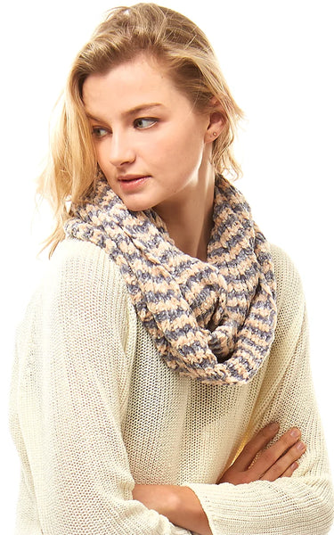Neck Warmer-BEIGE/GREY Striped Chenille Infinity Scarf