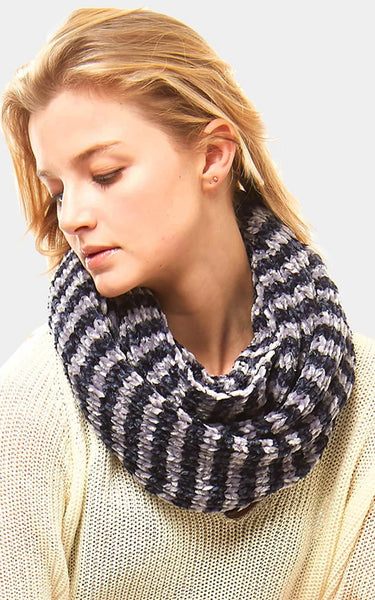 Neck Warmer-NAVY/GREY Striped Chenille Infinity Scarf