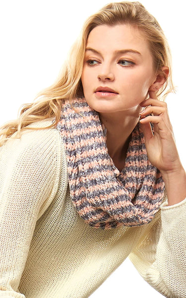 Neck Warmer-PK/GREY Striped Chenille Infinity Scarf