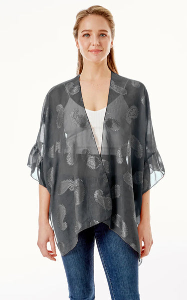 Kim-Shirt-BLACK Paisley Sheer Cover Up w/Ruffle Sleeves