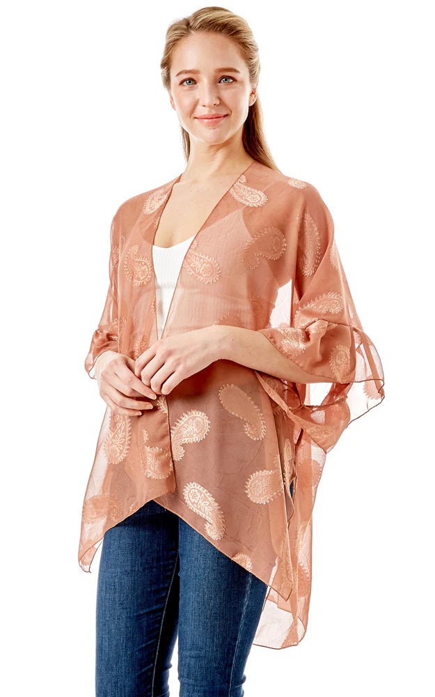 Kim-Shirt-CORAL Paisley Sheer Cover Up w/Ruffle Sleeves