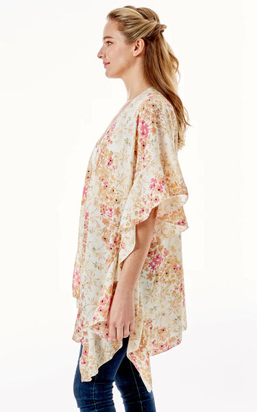 Kim-Shirt-BEIGE/PEACH Floral Print Cover Up w/Ruffle Sleeves