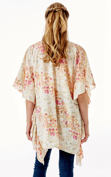 Kim-Shirt-BEIGE/PEACH Floral Print Cover Up w/Ruffle Sleeves
