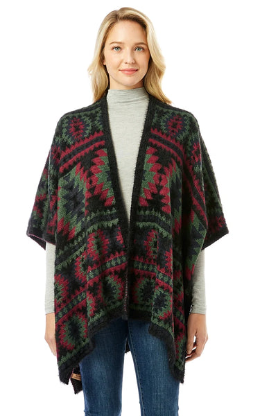 Ruana-BLACK Aztec Pattern Ruana Cape