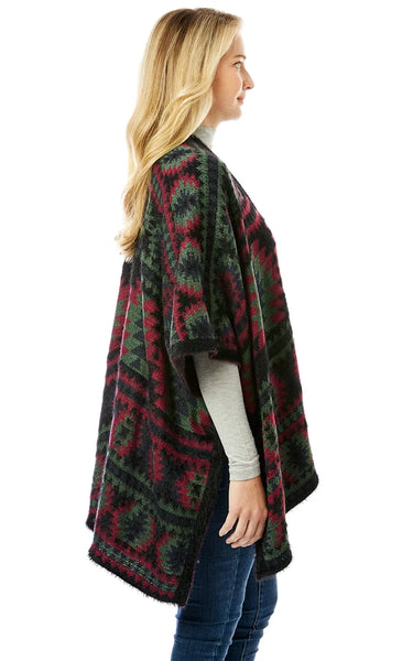 Ruana-BLACK Aztec Pattern Ruana Cape