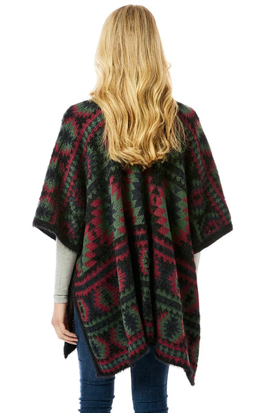 Ruana-BLACK Aztec Pattern Ruana Cape