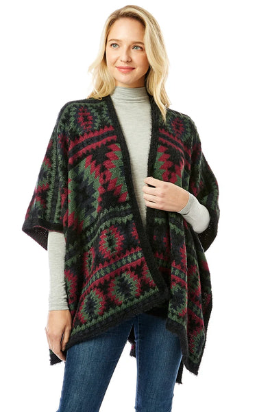 Ruana-BLACK Aztec Pattern Ruana Cape