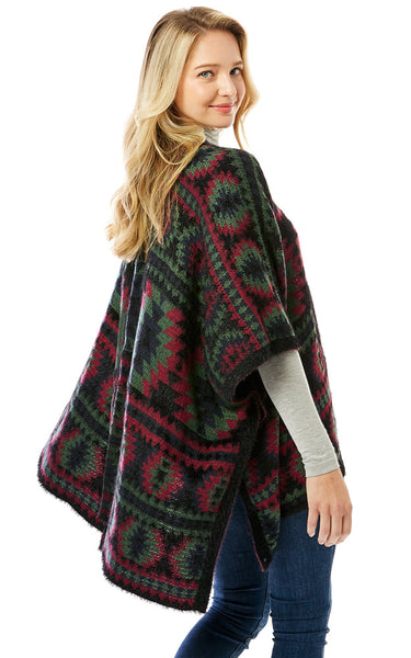 Ruana-BLACK Aztec Pattern Ruana Cape