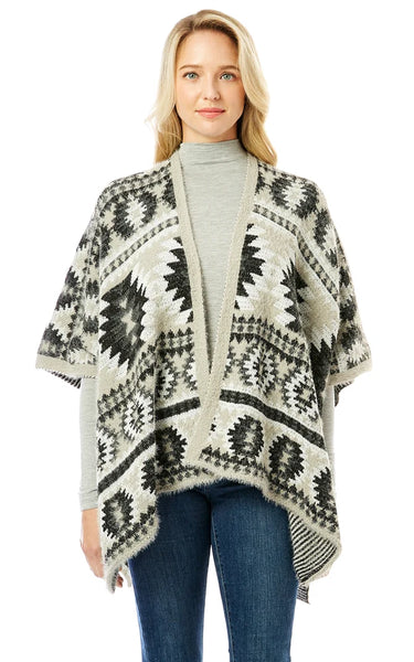 Ruana-GREY Aztec Pattern Ruana Cape
