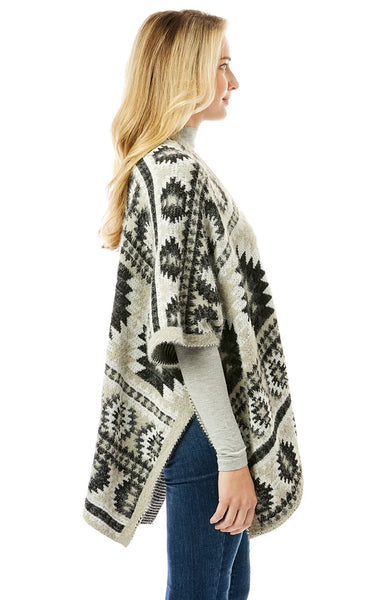 Ruana-GREY Aztec Pattern Ruana Cape