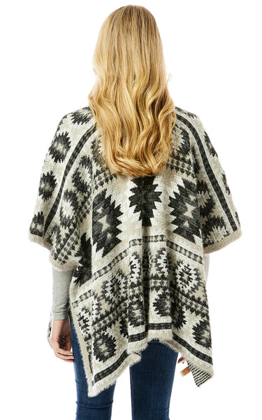 Ruana-GREY Aztec Pattern Ruana Cape