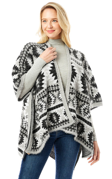 Ruana-GREY Aztec Pattern Ruana Cape
