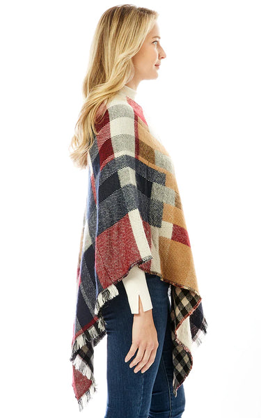 Poncho-BURG PLAID Cashmere Blend