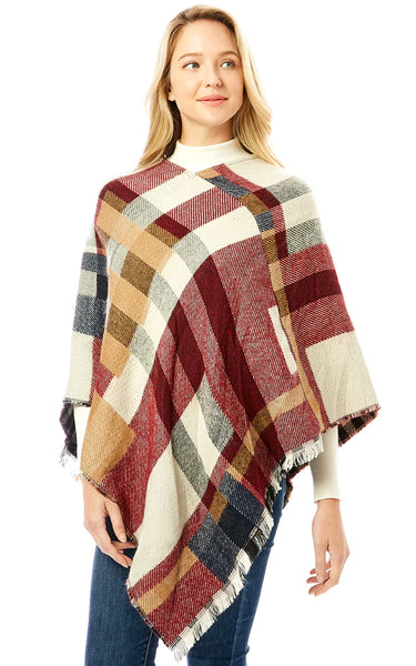 Poncho-BURG PLAID Cashmere Blend