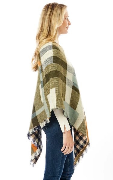Poncho-OLIVE PLAID Cashmere Blend